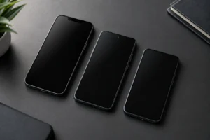 Three Samsung Galaxy S26 series phones representing the S26, S26 Plus, and S26 Ultra size comparison